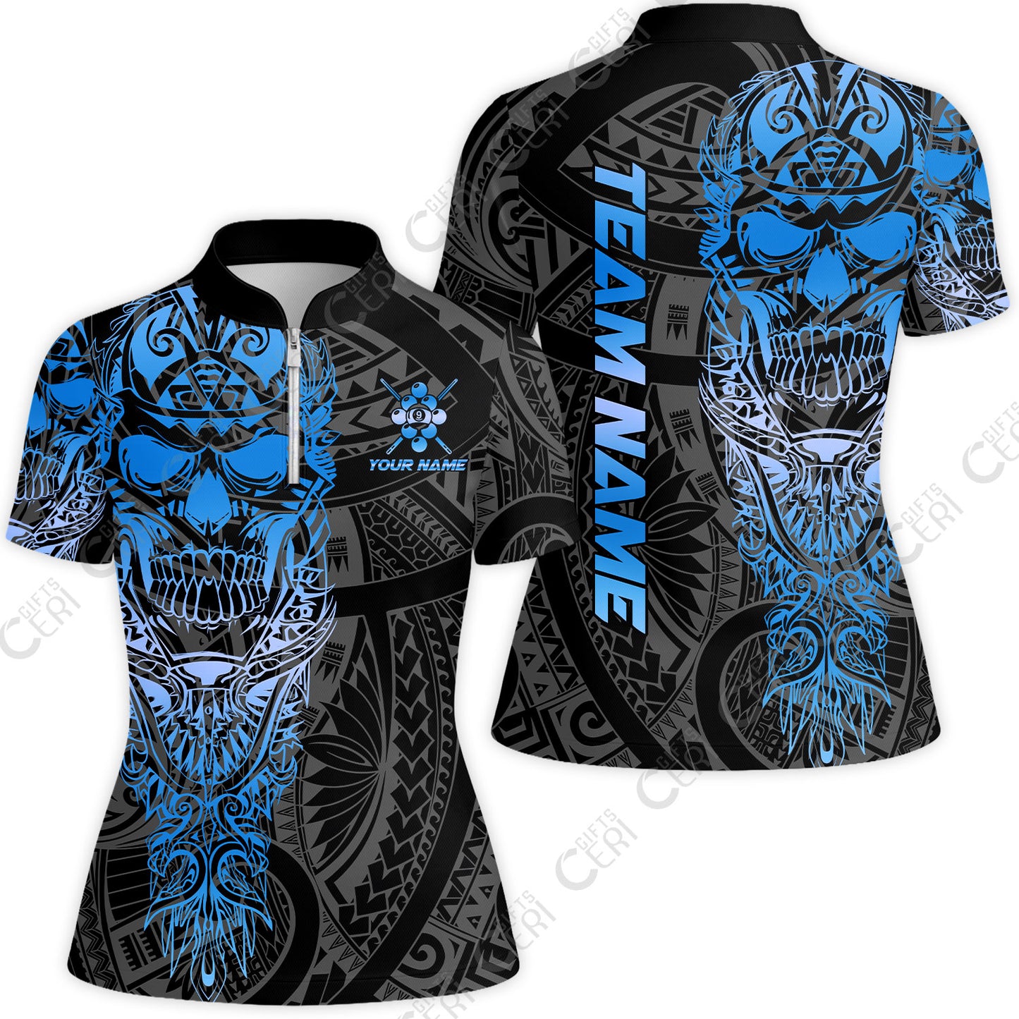 Customized 9 Ball Pool Stand Collar Quarter Zip Short Sleeve Women's Shirt, 9-Ball Billiard Ethnic Tribal Style Pattern, Billiards Jerseys