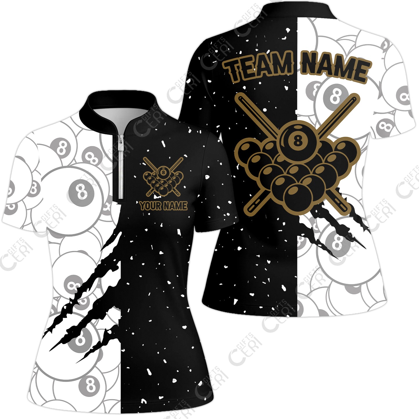 Customized Billiards Stand Collar Quarter Zip Short Sleeve Women's Shirt, Triangle Rack Of Balls With Crossed Cue Sticks 8 Ball Pool Jersey