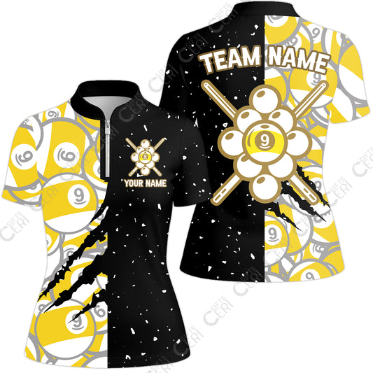Customized Billiards Stand Collar Quarter Zip Short Sleeve Women's Shirt, Splatter And Claw-Mark Effects 9 Ball Jersey