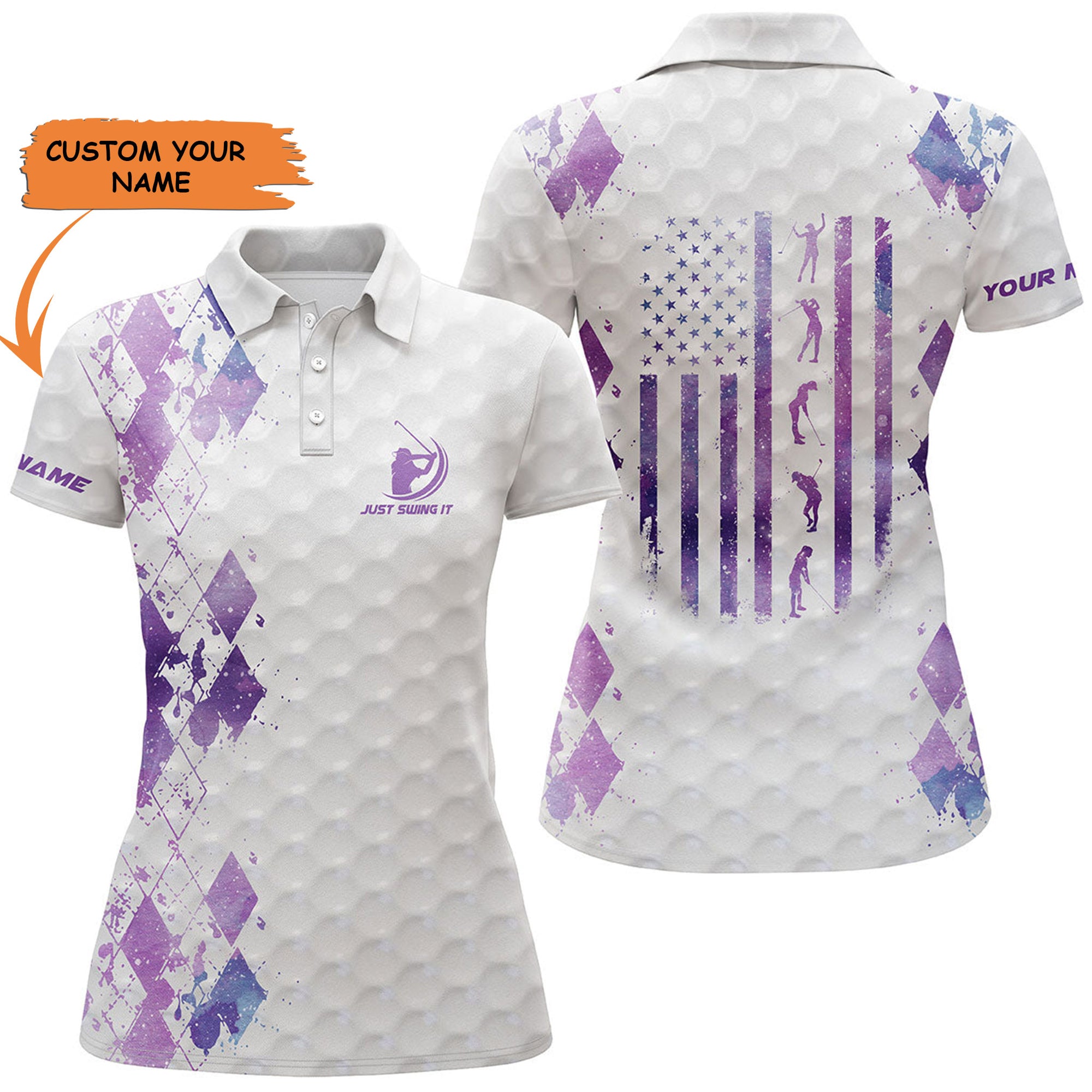 Women Golf Polo Shirt Just Swing It American Flag Patriotic Custom Name Purple Galaxy Women Golf Shirt