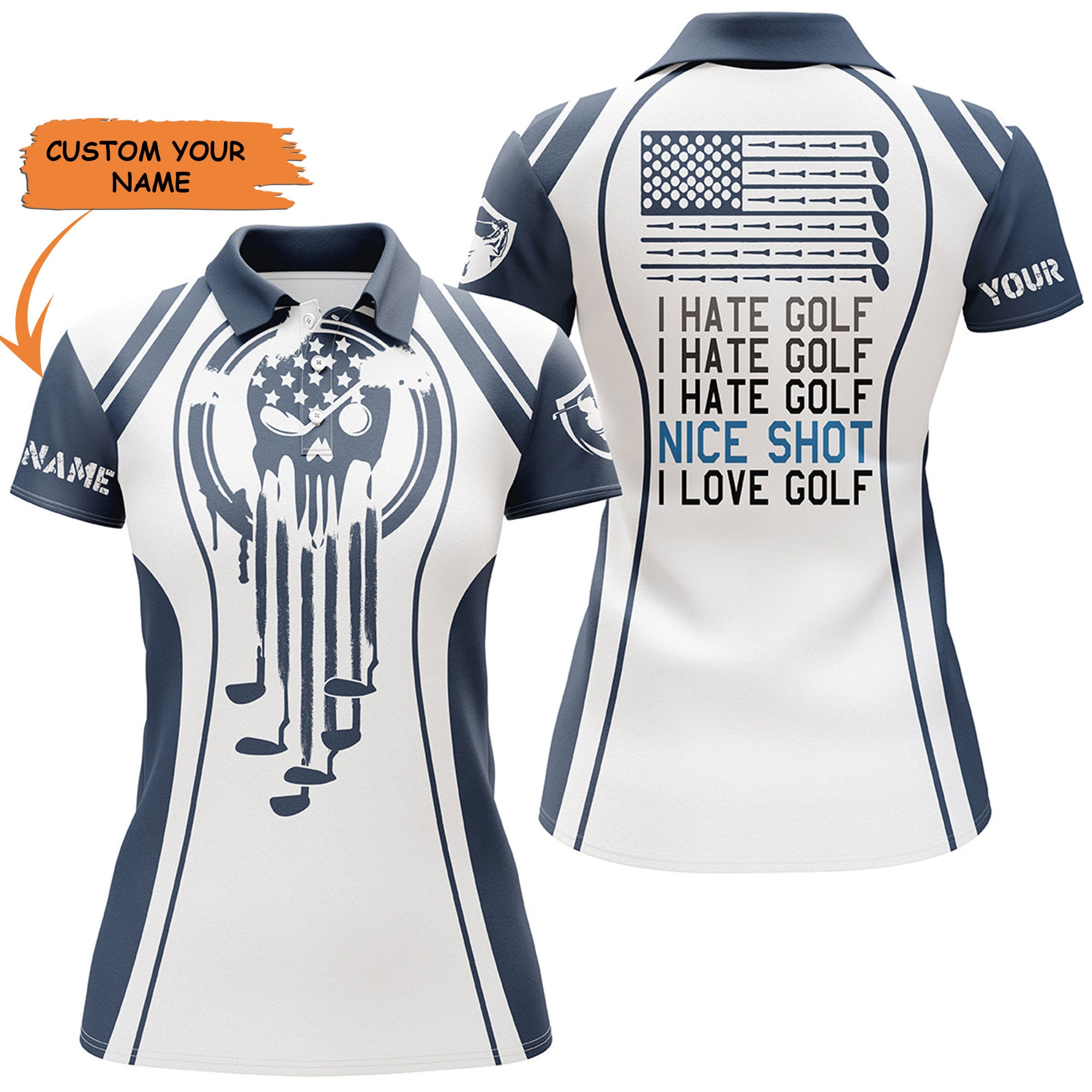 Women Golf Polo Shirt Blue Golf Skull I Hate Golf Nice Shot I Love Golf Custom White Golf Polo Shirts, Perfect Gift For Women