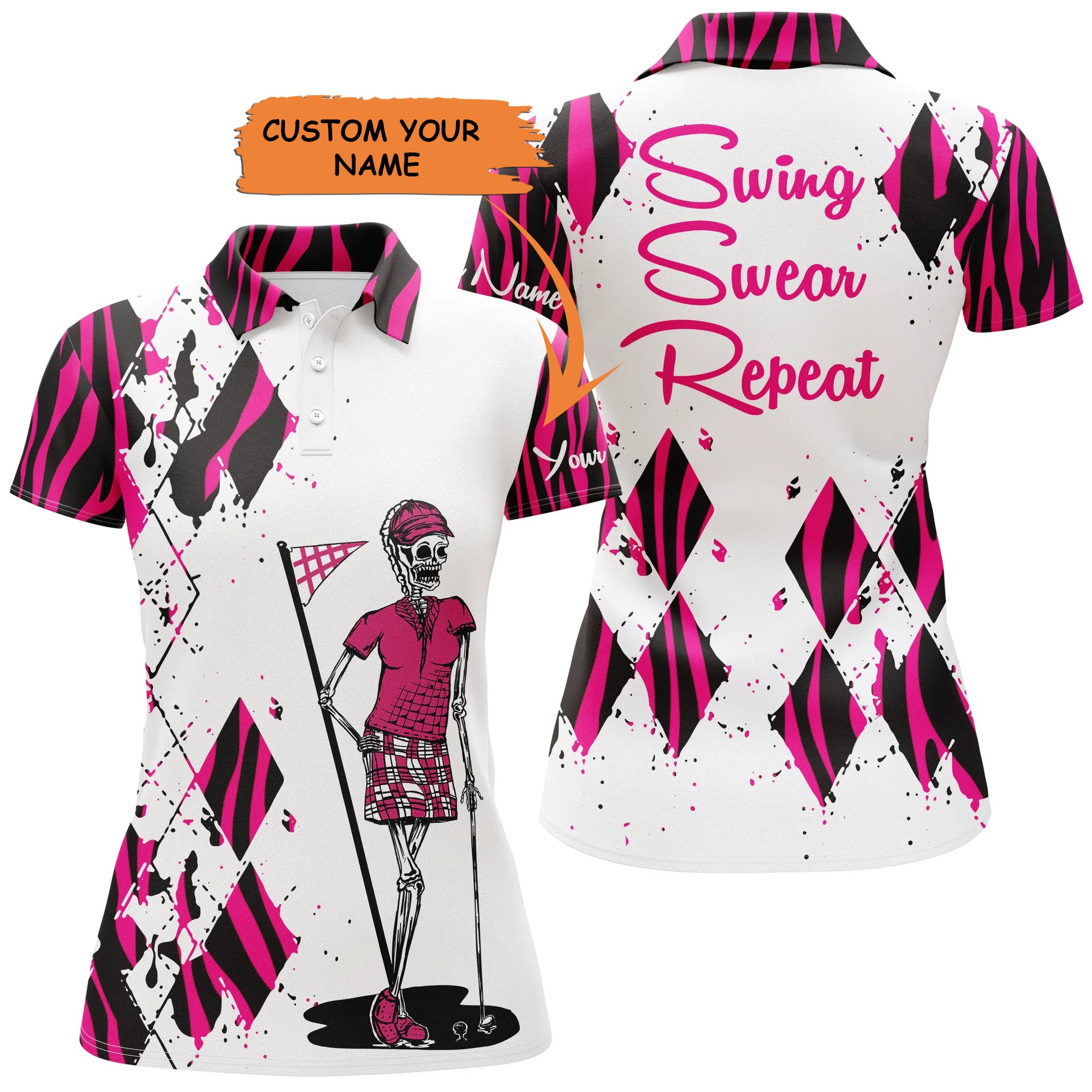 Women Golf Polo Shirts Custom Funny Ladies Golf Skull Pink Zebra Pattern Golf Shirt Swing Swear Repeat, Perfect Gift For Women