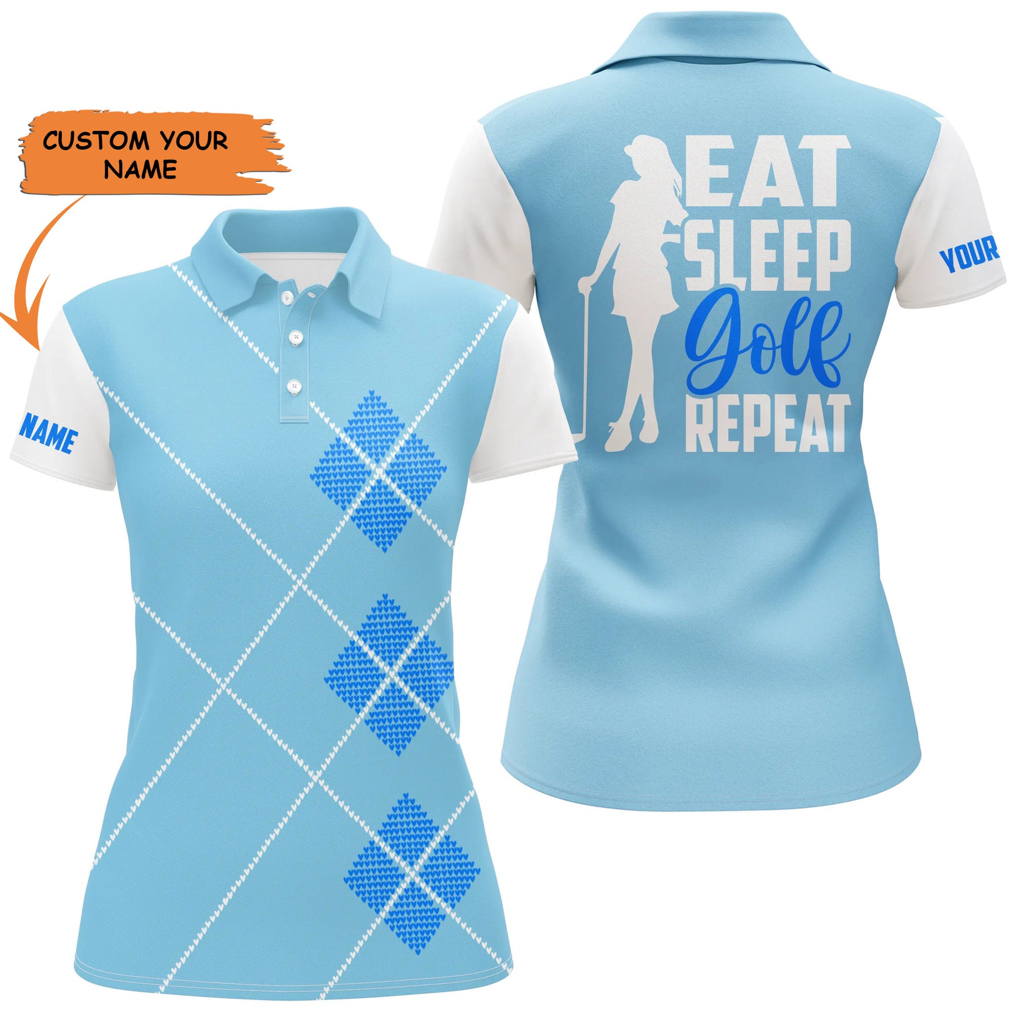 Women Golf Polo Shirt Custom Name Eat Sleep Golf Repeat Green Argyle Pattern Ladies Golf Top For Women, Perfect Gift For Women