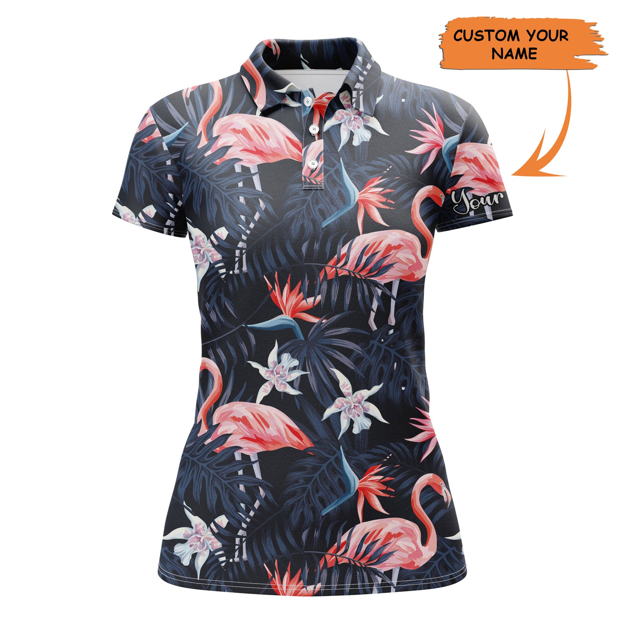 Women Golf Polo Shirt Tropical Birds Pink Flamingo Dark Blue Palm Leaves Custom Polo Shirts