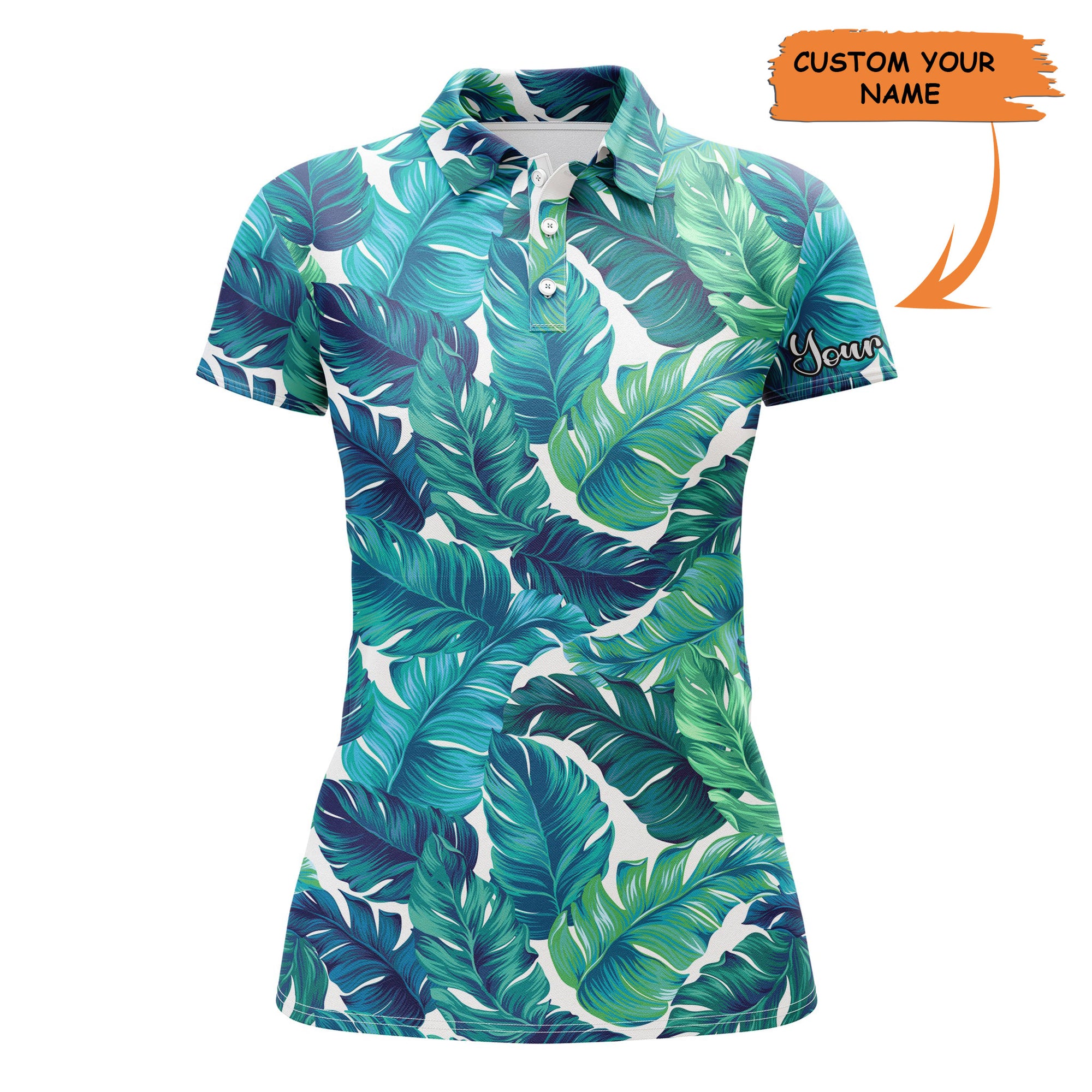 Women Golf Polo Shirt Turquoise And Green Tropical Leaves Custom Team Golf Polo Shirts