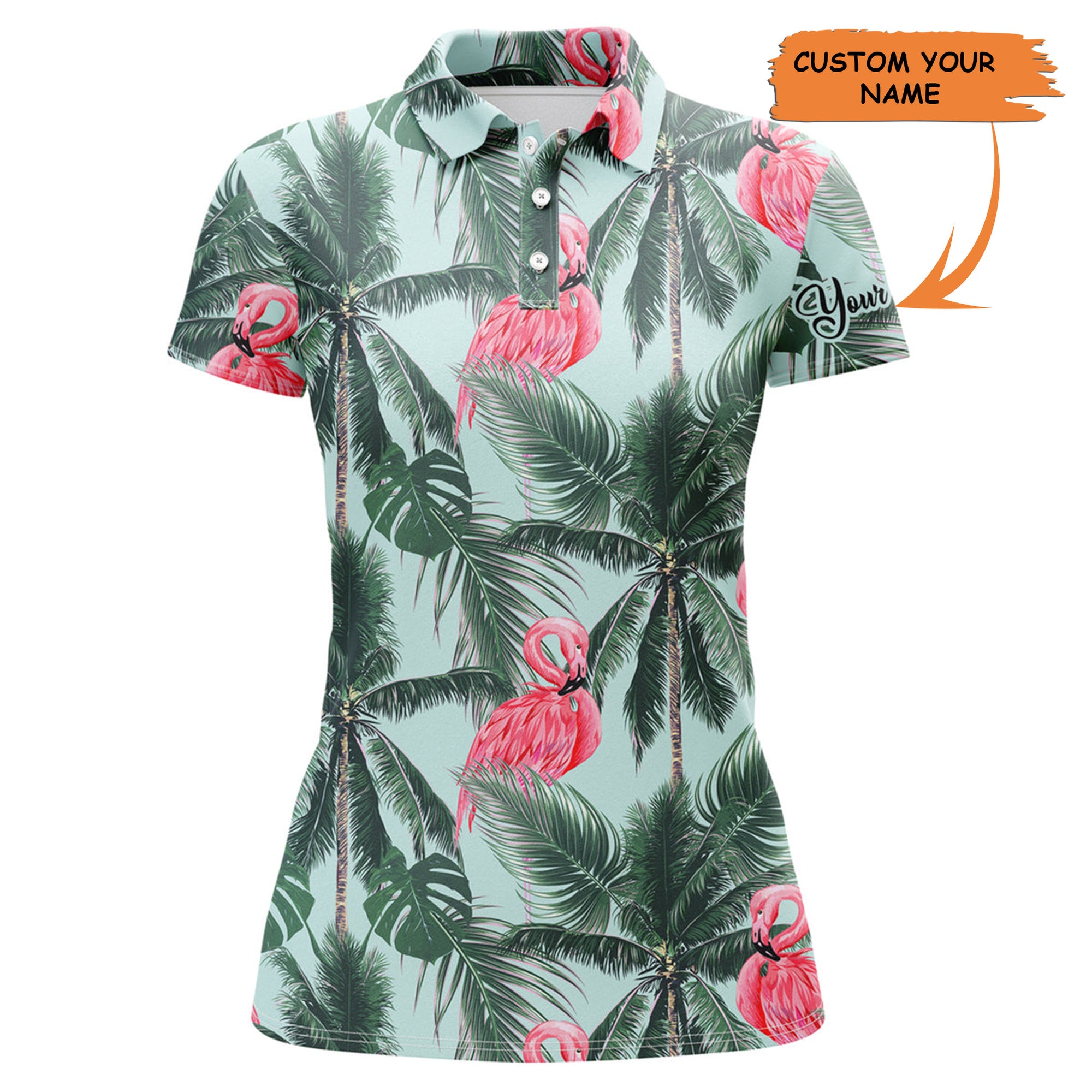 Women Golf Polo Shirt With Pink Flamingos Tropical Palm Leaves Custom Team Golf Polo Shirts, Perfect Gift For Women