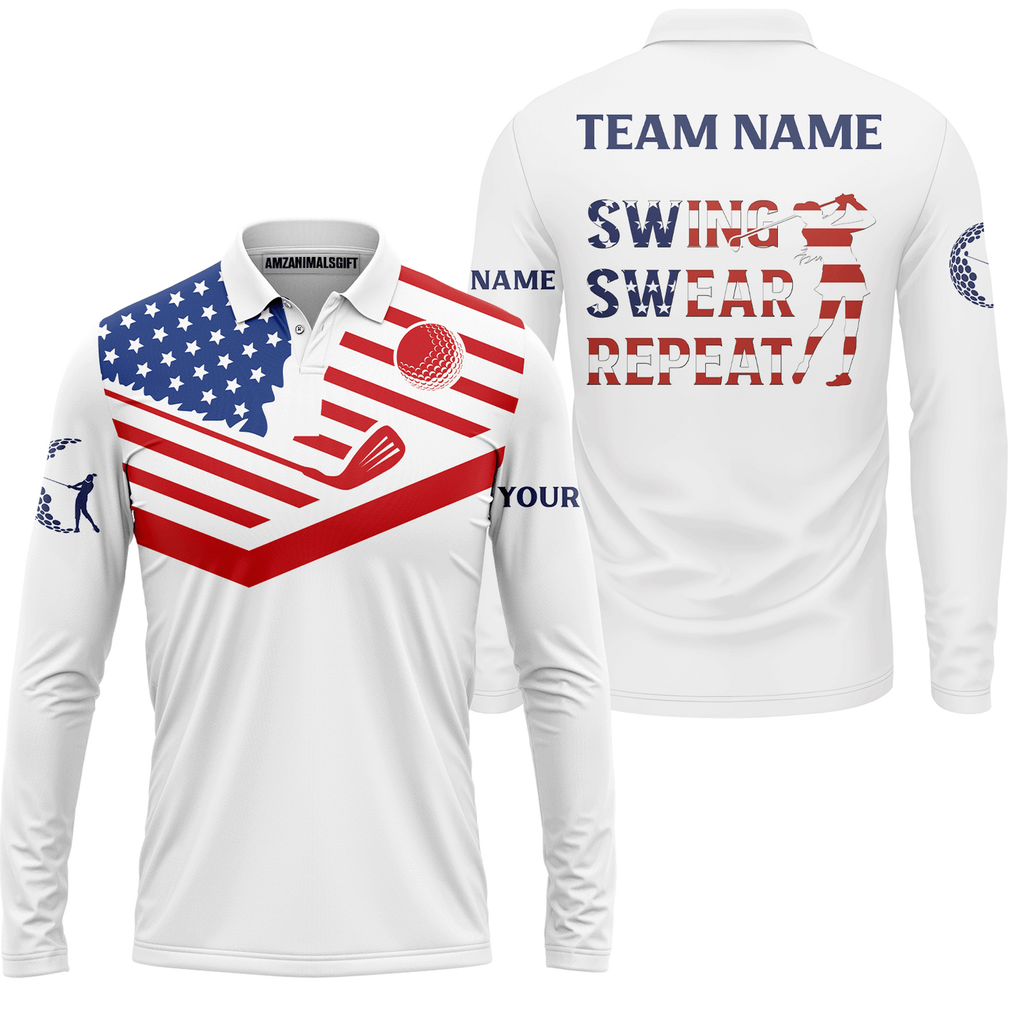 Womens Golf Polo Shirt American Flag 4th July Patriot Custom Name Swing Swear Repeat White Golf Shirt