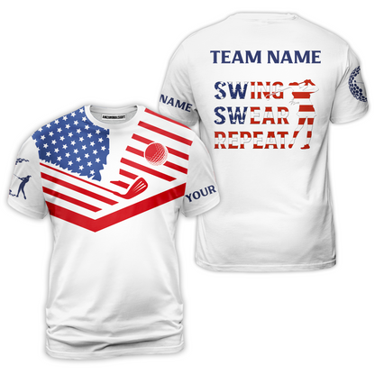 Womens Golf Polo Shirt American Flag 4th July Patriot Custom Name Swing Swear Repeat White Golf Shirt