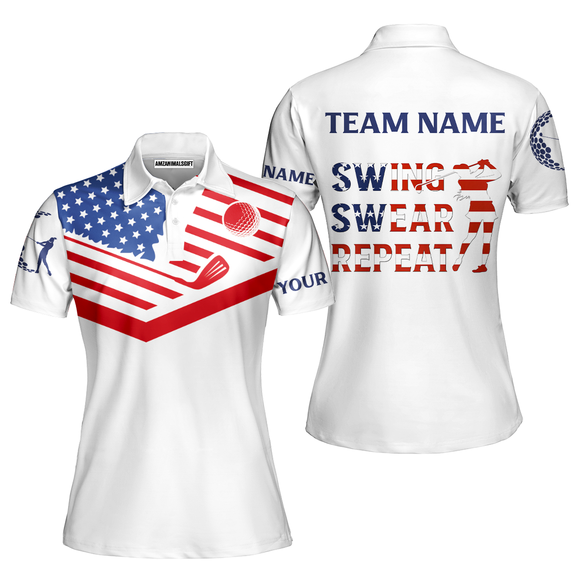 Womens Golf Polo Shirt American Flag 4th July Patriot Custom Name Swing Swear Repeat White Golf Shirt