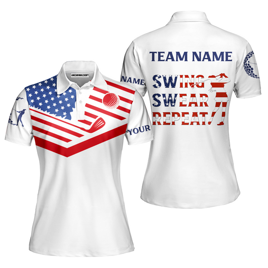 Womens Golf Polo Shirt American Flag 4th July Patriot Custom Name Swing Swear Repeat White Golf Shirt