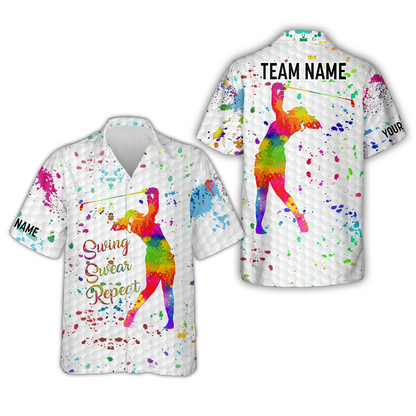 Womens Golf Polo Shirt Custom Name, Watercolor Swing Swear Repeat, Personalized Golf Gifts For Women