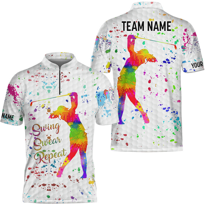 Womens Golf Polo Shirt Custom Name, Watercolor Swing Swear Repeat, Personalized Golf Gifts For Women