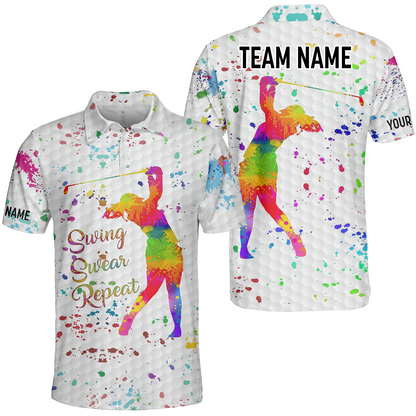 Womens Golf Polo Shirt Custom Name, Watercolor Swing Swear Repeat, Personalized Golf Gifts For Women