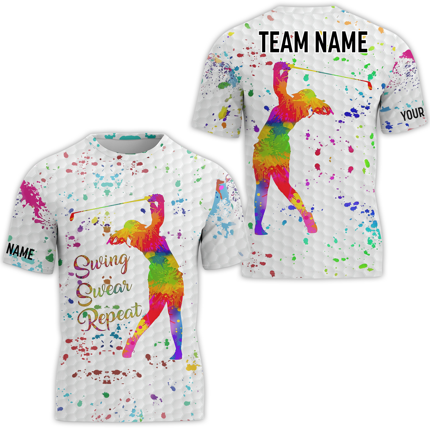 Womens Golf Polo Shirt Custom Name, Watercolor Swing Swear Repeat, Personalized Golf Gifts For Women