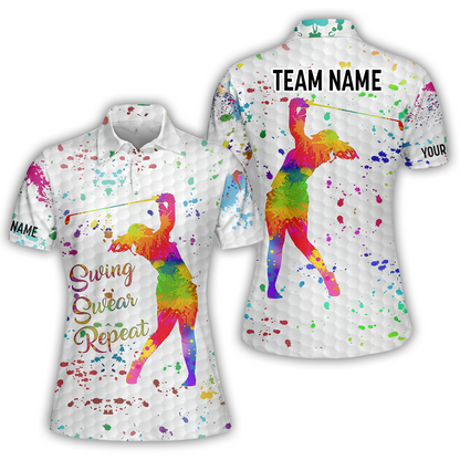 Womens Golf Polo Shirt Custom Name, Watercolor Swing Swear Repeat, Personalized Golf Gifts For Women
