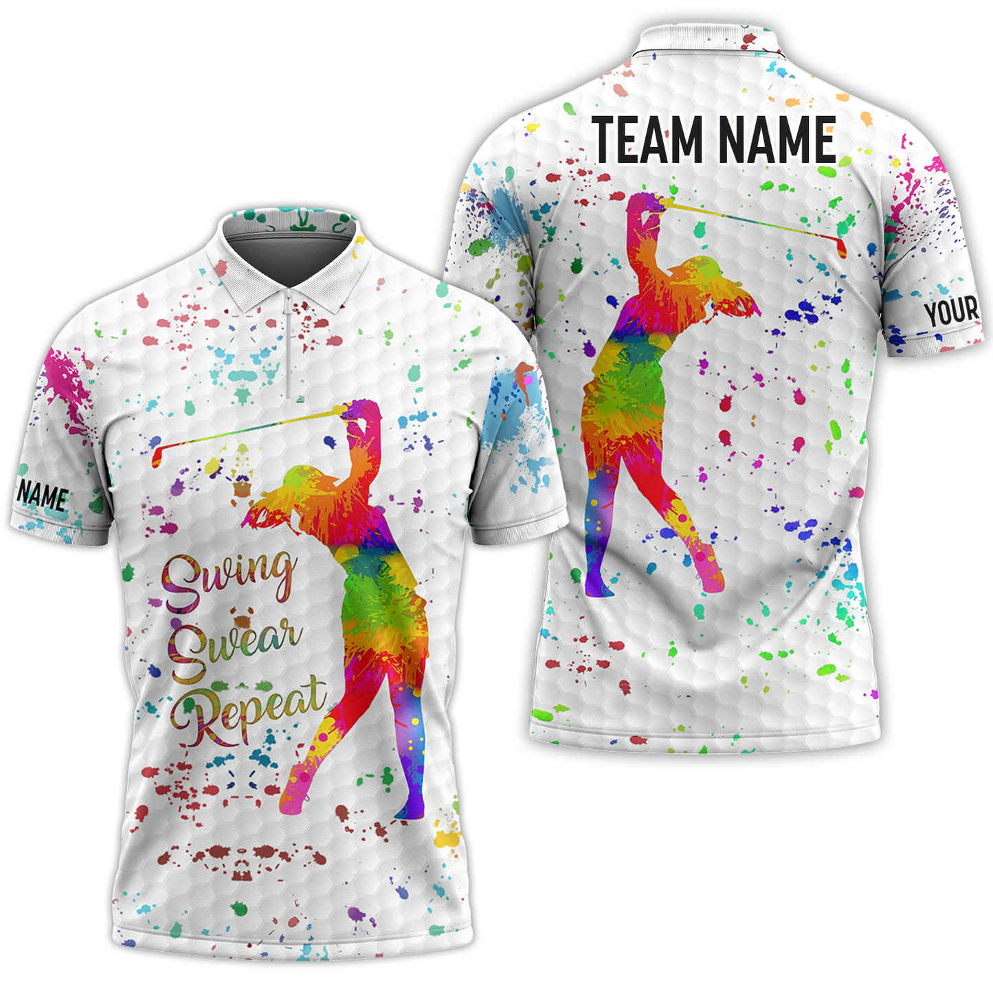 Womens Golf Polo Shirt Custom Name, Watercolor Swing Swear Repeat, Personalized Golf Gifts For Women