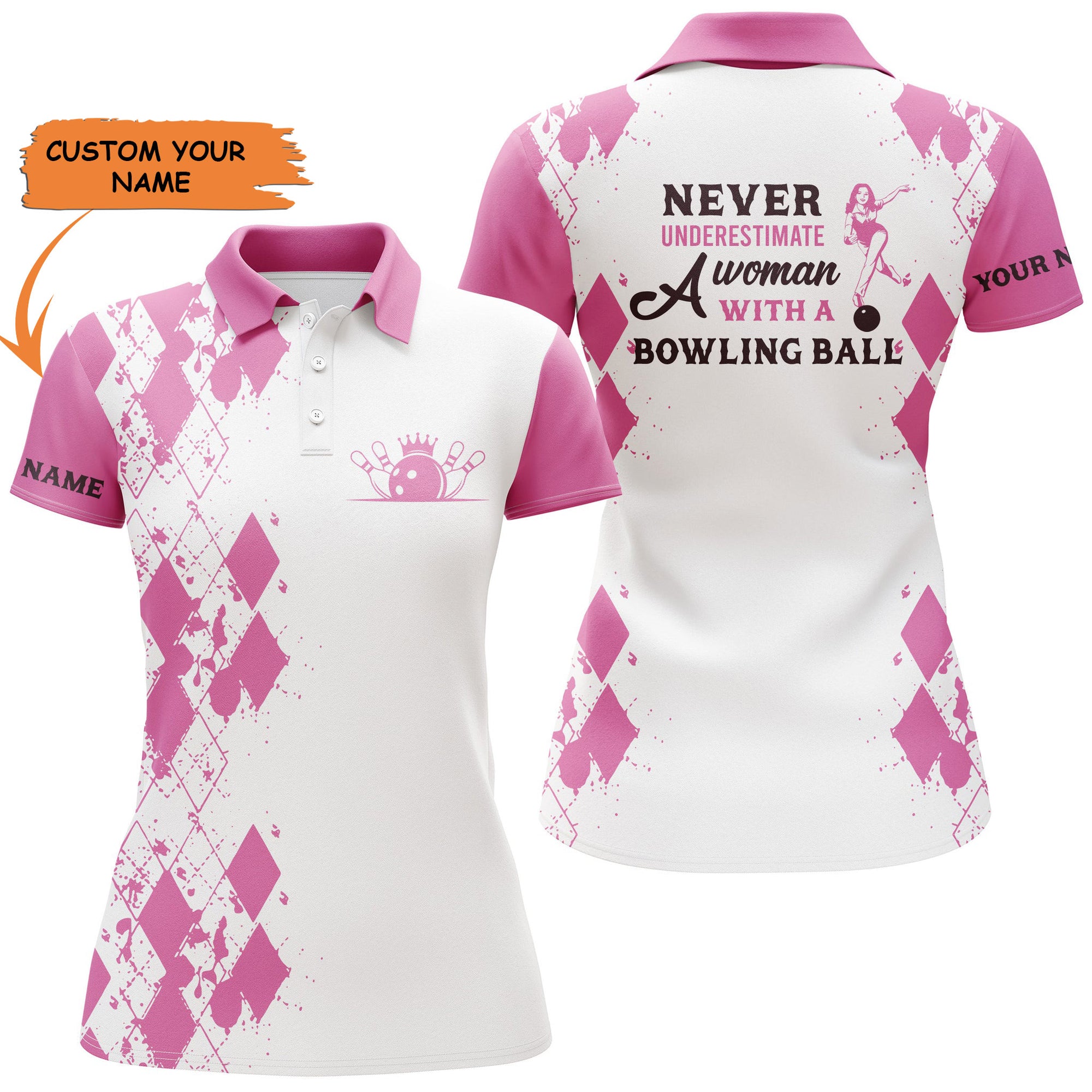 Womens Bowling Shirts Custom Name Never Underestimate A Woman With A Bowling Ball, Bowling Polo Shirts, Perfect Gift For Women