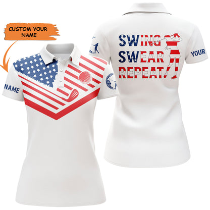 Womens Golf Polo Shirt American Flag 4th July Patriot Custom Name Swing Swear Repeat White Golf Shirt