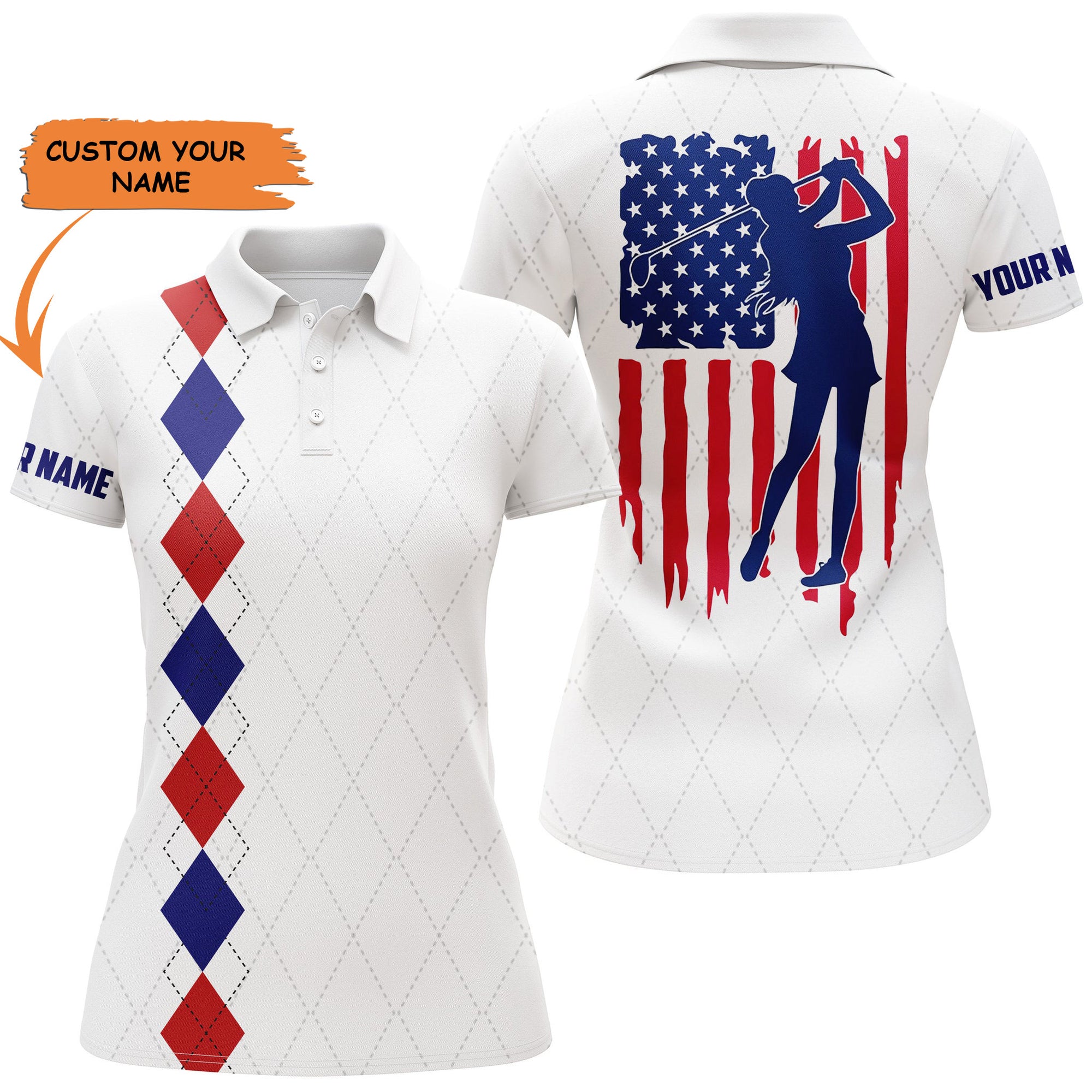 Womens Golf Polo Shirt American Flag Patriotic Golf Shirts Custom Name Golf Gifts For Women - White, Perfect Gift For Women