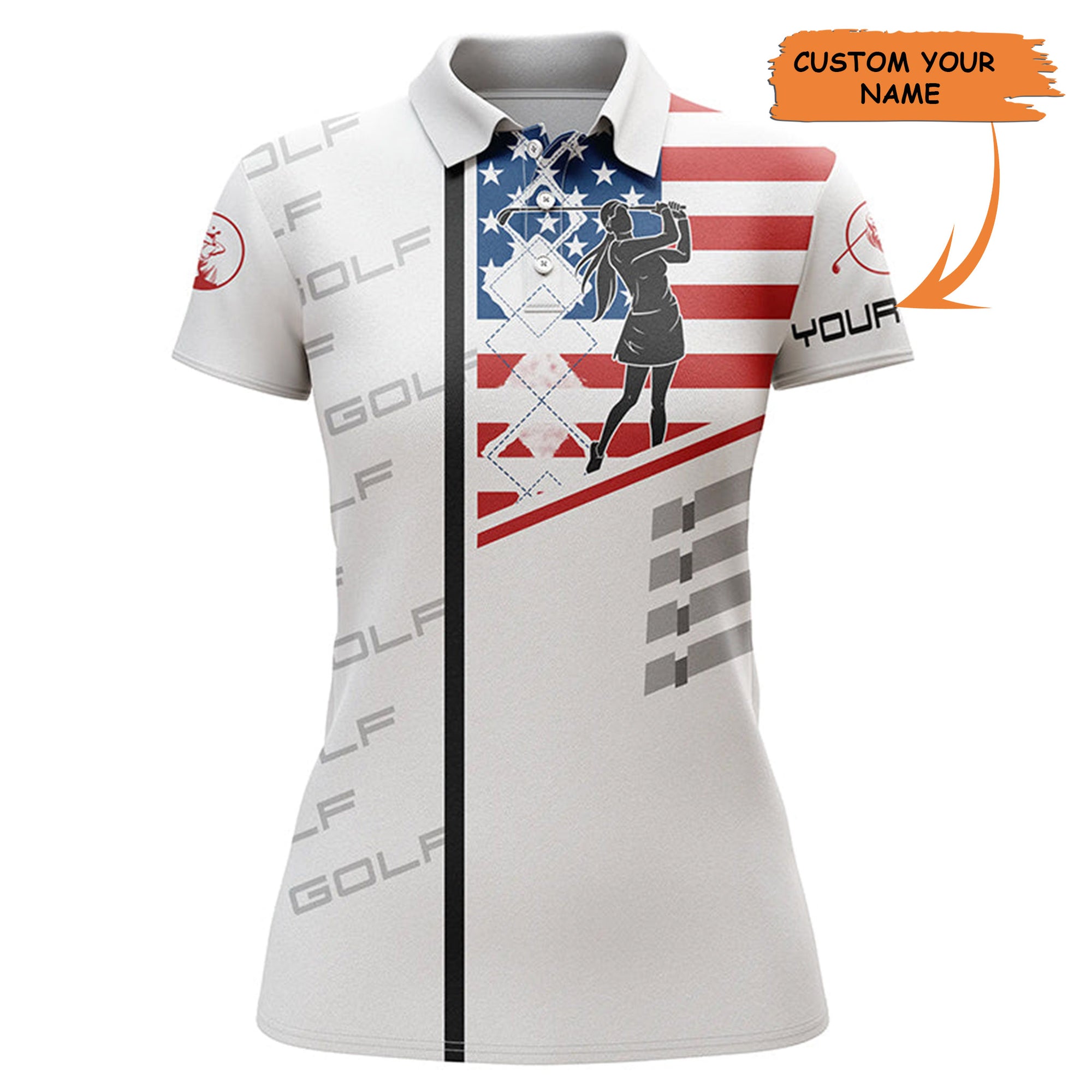 Womens Golf Polo Shirt American Flag Patriotic Golf Shirts Custom Name Golf Gifts For Women - White, Perfect Gift For Women