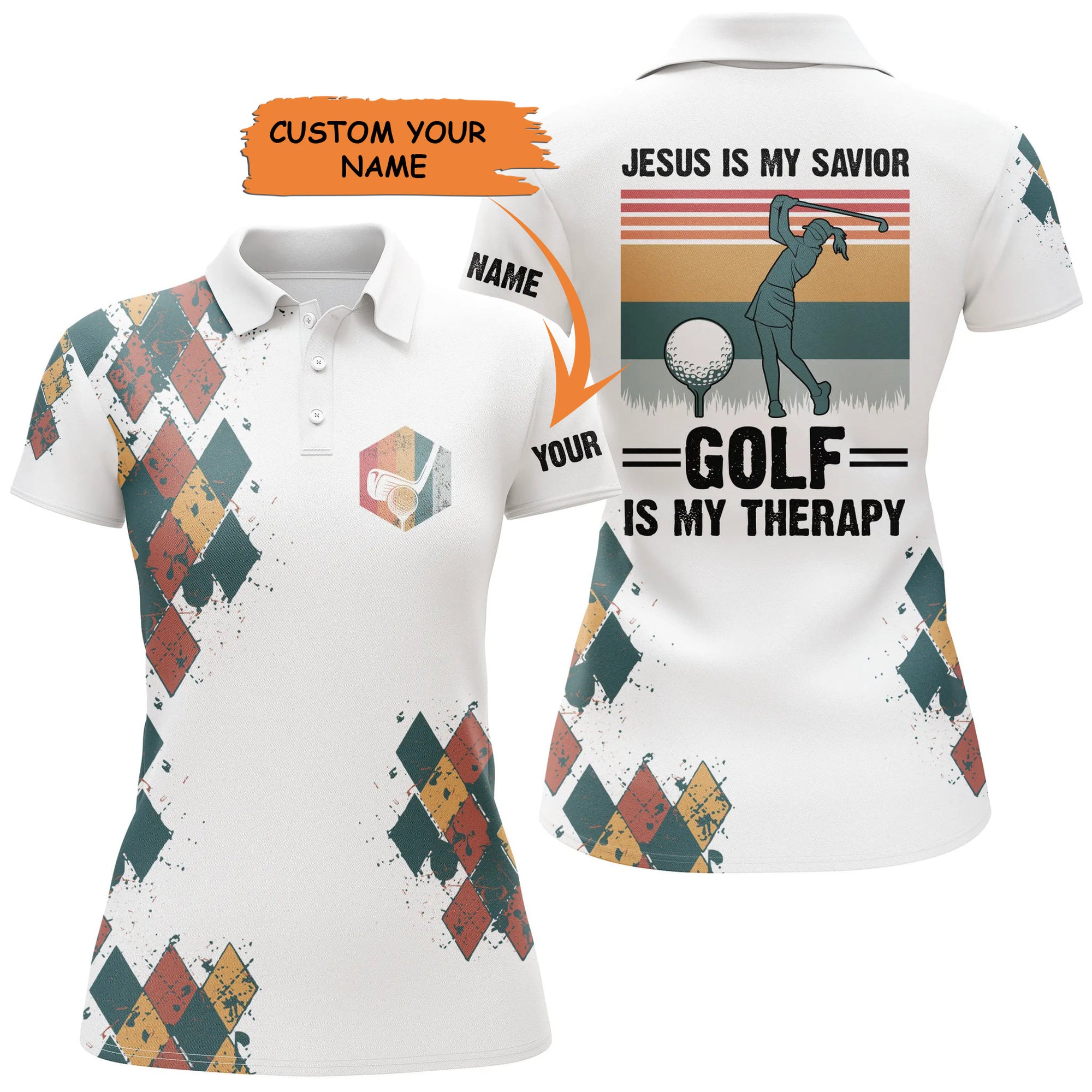 Womens Golf Polo Shirt Jesus Is My Savior Golf Is My Therapy Custom Name Vintage Ladies Golf Tops, Best Gift For Women