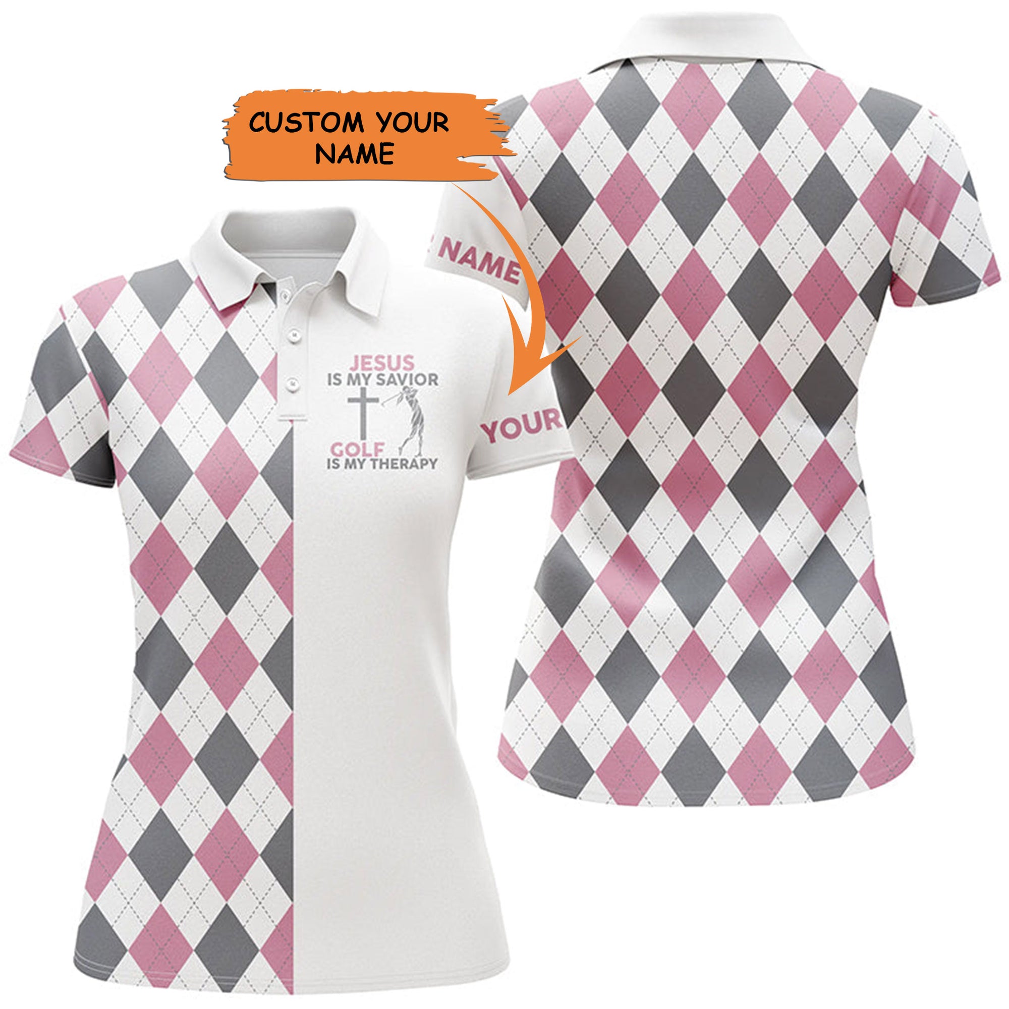 Womens Golf Polo Shirt Jesus Is My Savior Golf Is My Therapy Custom Pink Argyle Plaid Ladies Golf Tops, Best Gift For Women