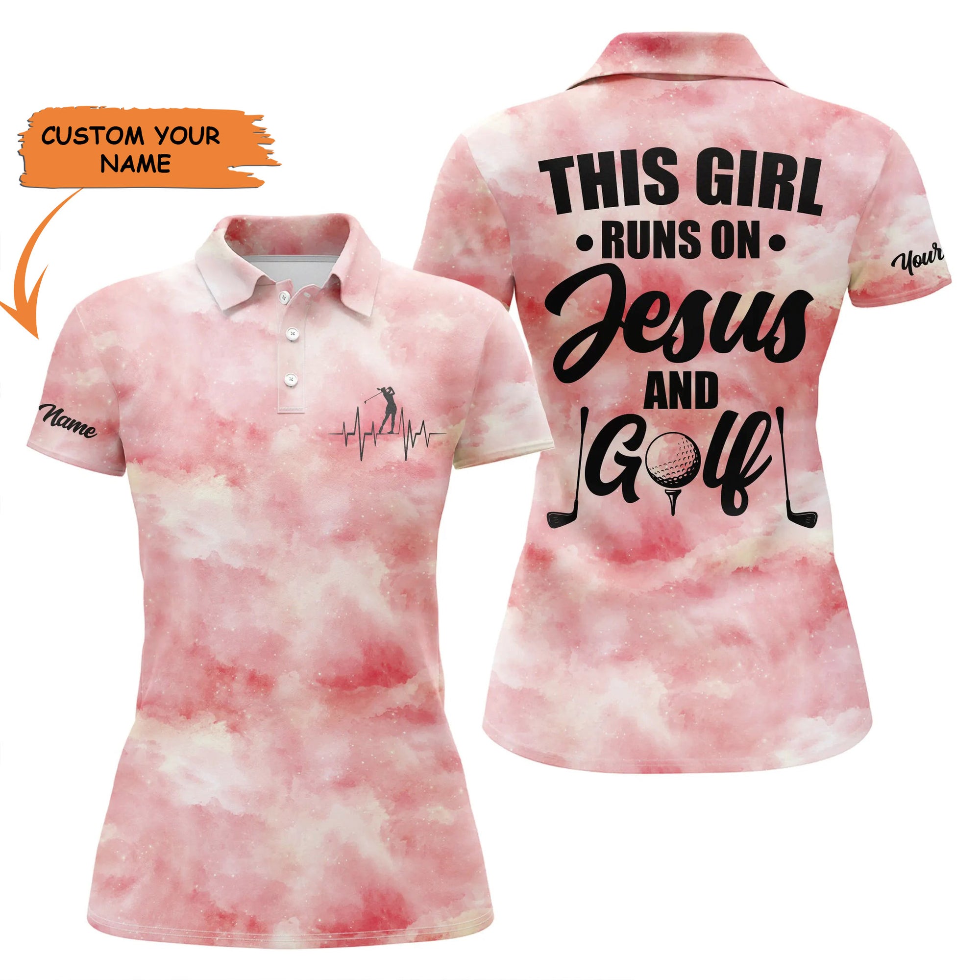 Womens Golf Polo Shirt This Girl Runs On Jesus And Golf Custom Pink Galaxy Background Ladies Golf Tops, Best Gift For Women