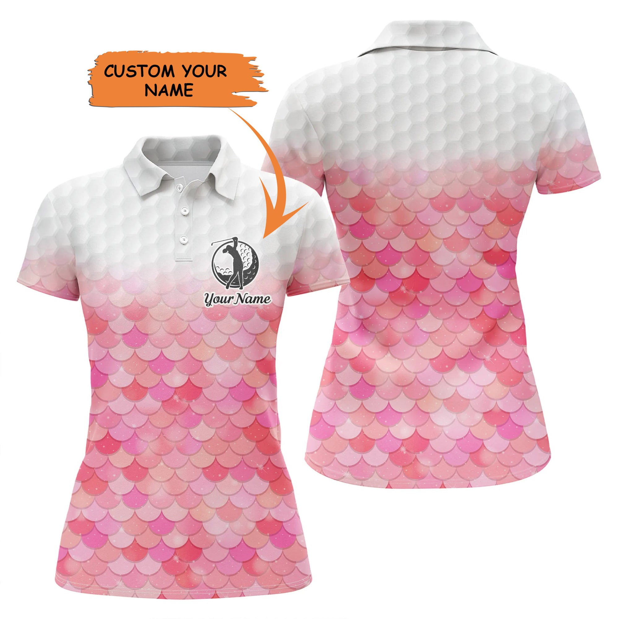 Womens Golf Polo Shirt Bling Pink Mermaid Scales Custom Name Pattern Golf Shirts, Ladies Golf Tops