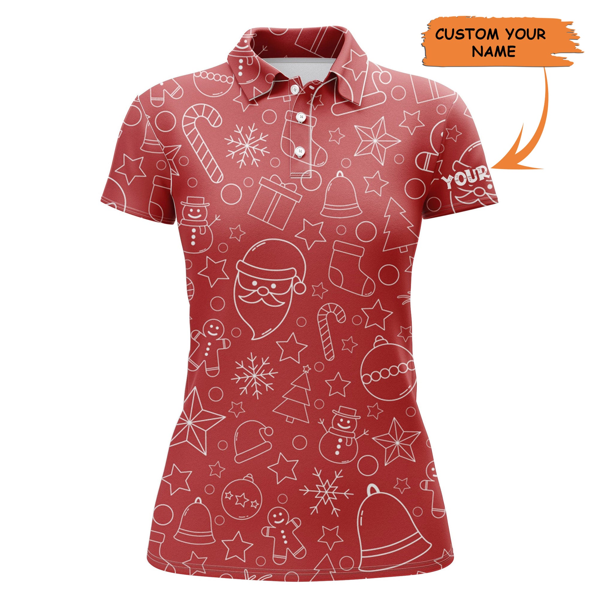 Womens Golf Polo Shirt Custom Name Beautiful Red Xmas Pattern, Christmas Gifts For Golf Lovers, Perfect Gift For Women