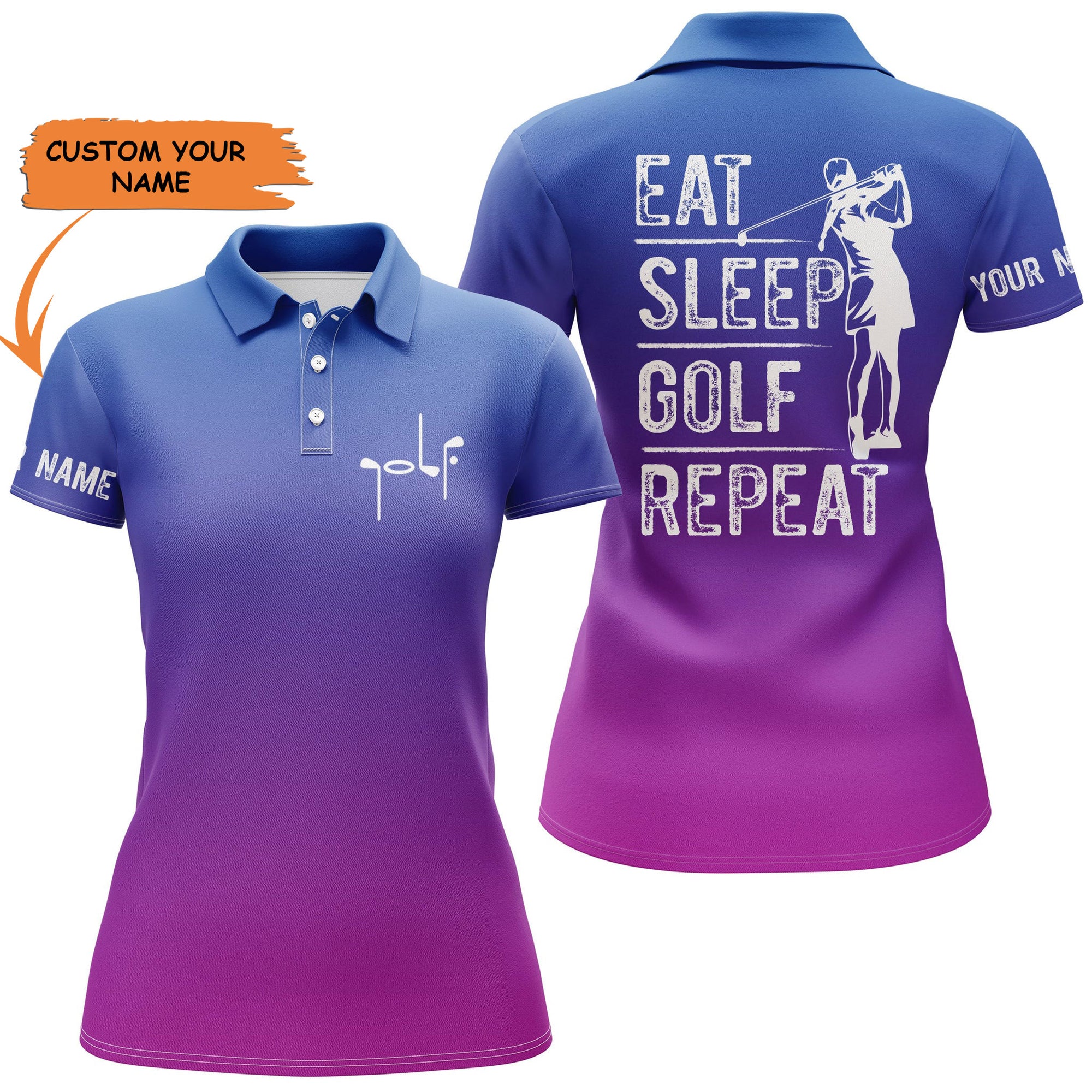 Womens Golf Polo Shirt Custom Name Gradient Color Eat Sleep Golf Repeat, Gifts For Golf Lovers