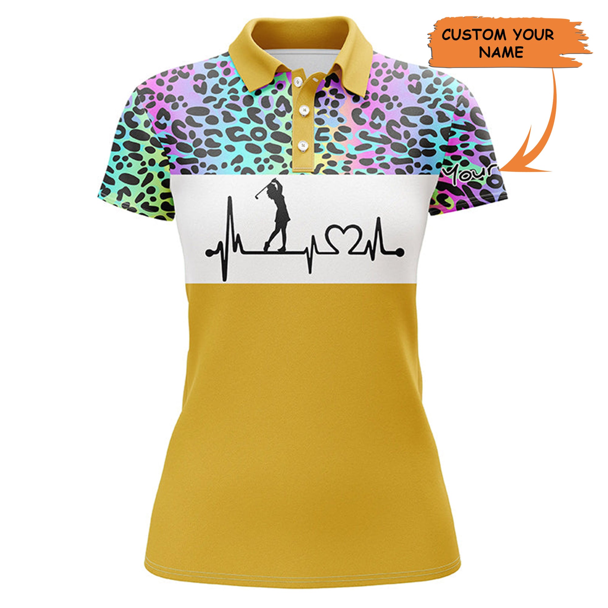 Womens Golf Polo Shirt Custom Name Rainbow Gradient Leopard Golf Heartbeat, Golfing Gifts For Women
