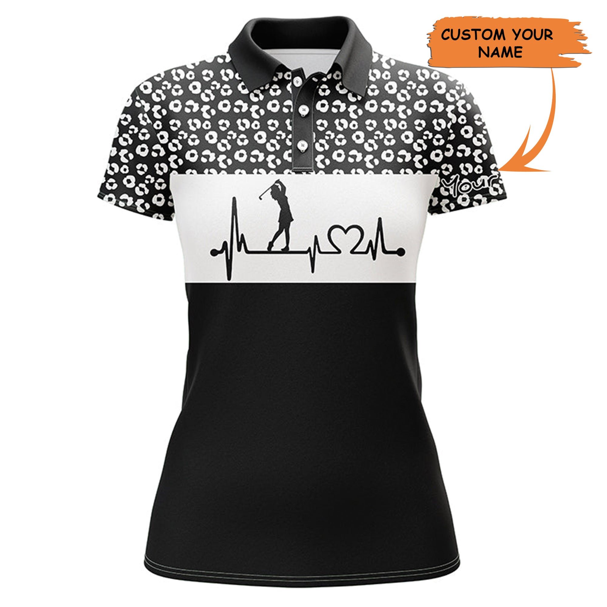 Womens Golf Polo Shirt Golf Heartbeat Custom Name Leopard Pattern Golf Shirt, Womens Golf Gift Ideas, Best Golfing Gift For Women