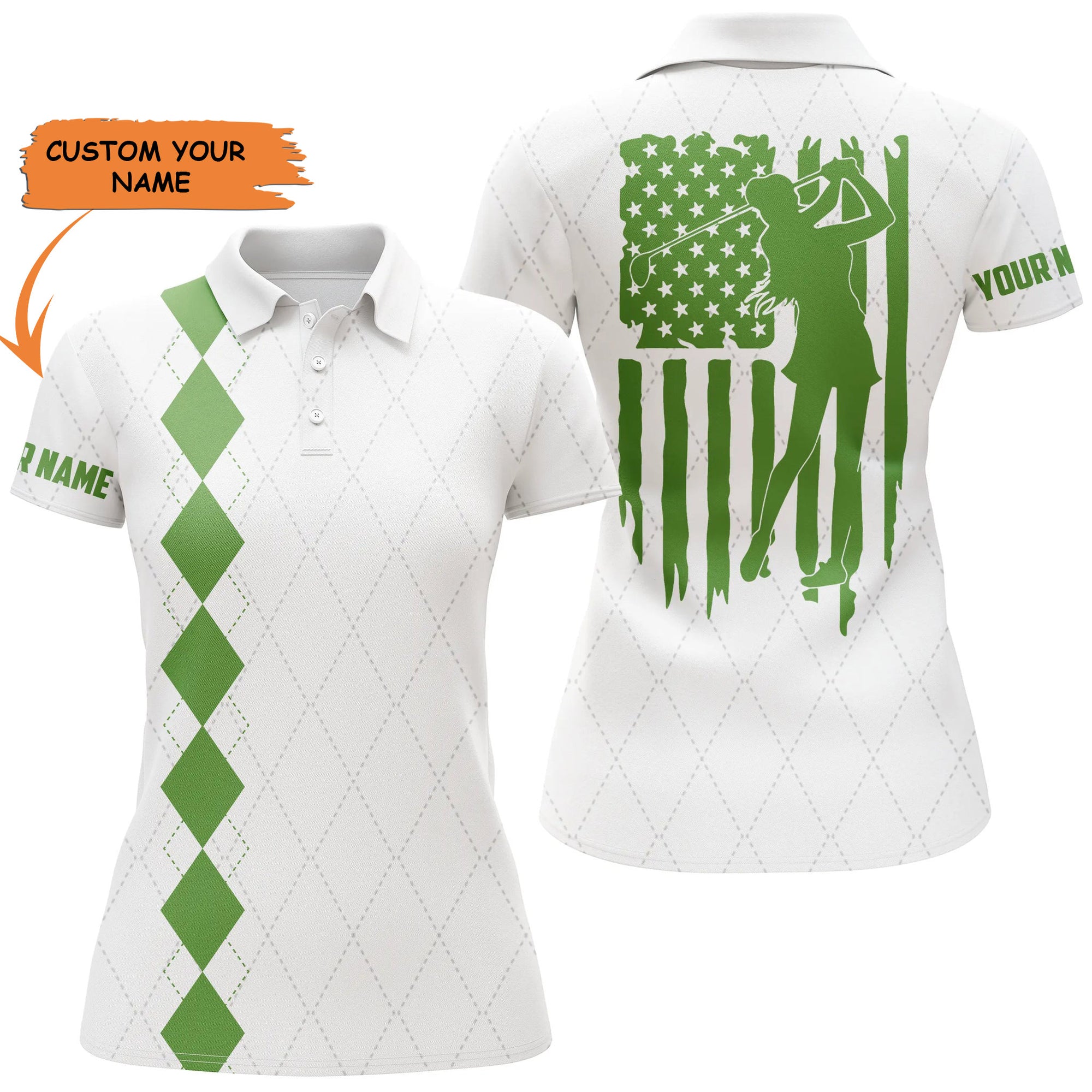 Womens Golf Polo Shirt Blue American Flag Patriotic Golf Shirts Custom Name Golf Gifts, Best Golfing Gift For Women