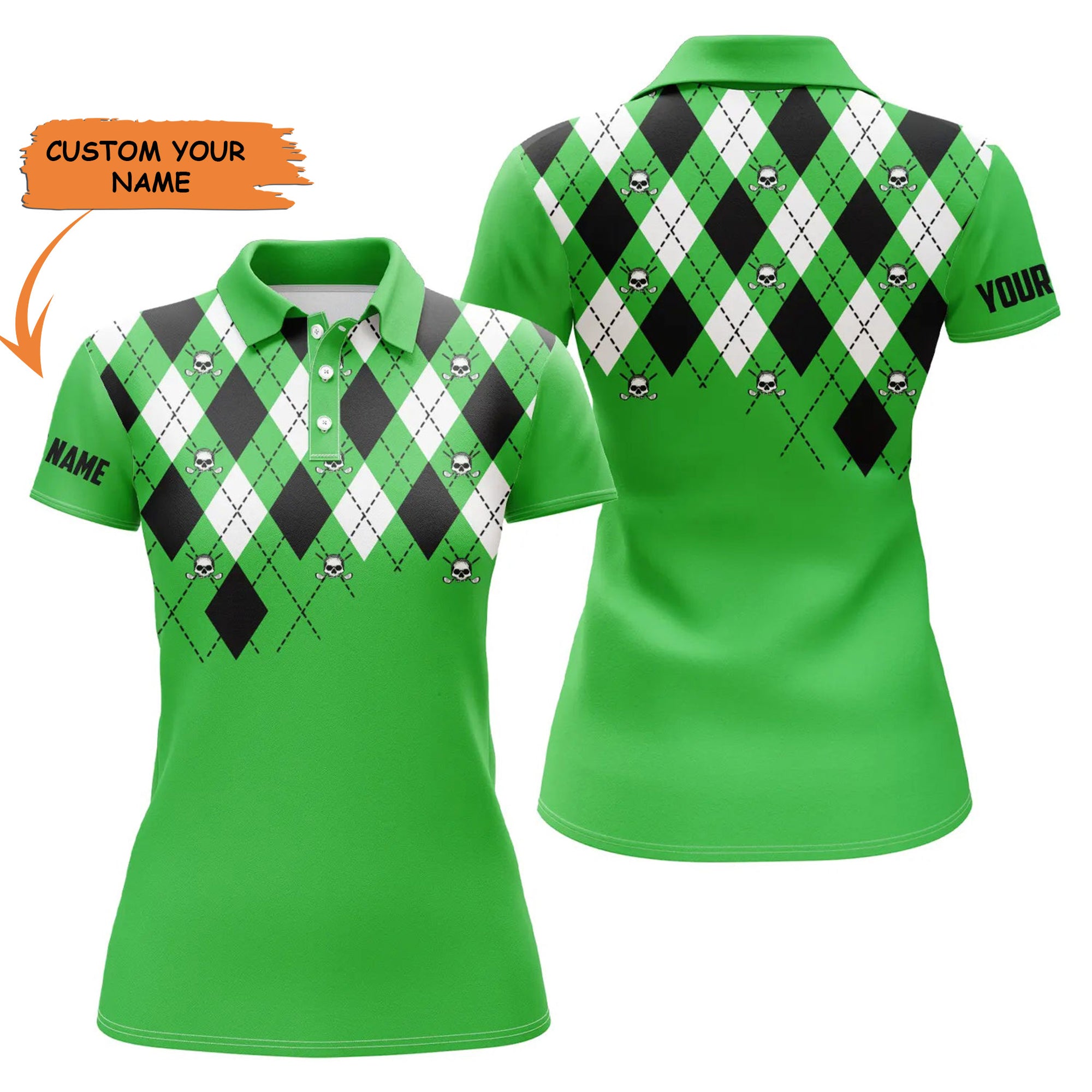 Womens Golf Polo Shirt Plus Size Green Argyle Plaid Golf Skull Pattern Custom Ladies Green Golf Tops, Best Gift For Women