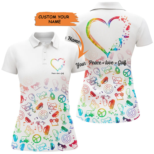 Womens Golf Polo Shirts Custom Name Watercolor Peace Love Golf, Personalized Golf Shirt For Women, Perfect Gift For Women