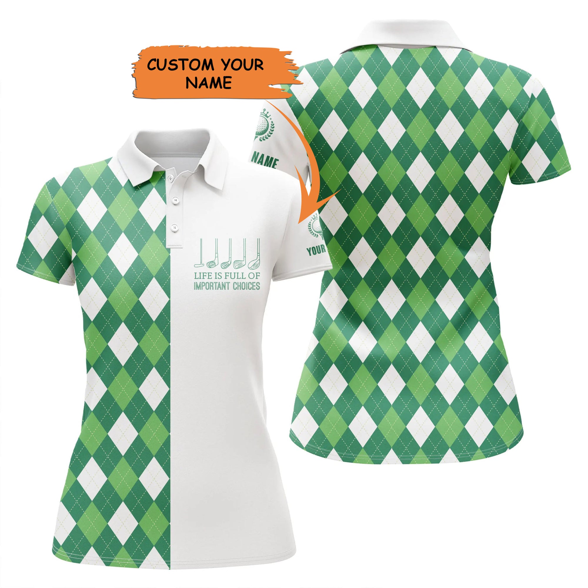 Womens Golf Polo Shirts Green Argyle Plaid Pattern Custom Life Is Full Of Important Choices Golf Wear, Perfect Gift For Women