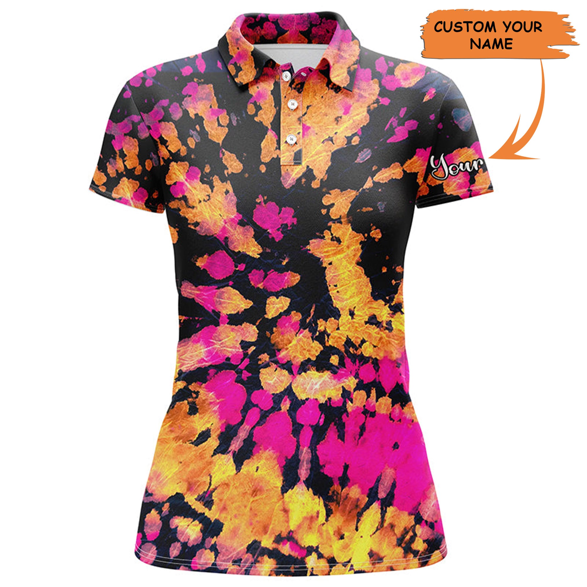 Womens Golf Polo Shirts With Yellow, Pink, Black Tie Dye Pattern Custom Name Golf Shirt For Women