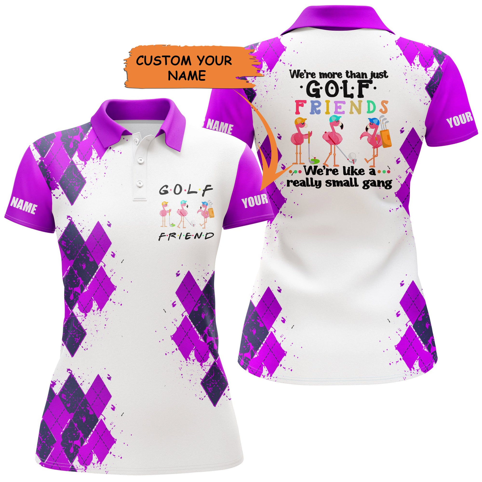 Womens Golf Polo Shirt We're More Than Just Golf Friends Flamingo Custom Name Funny Golf Shirt Purple