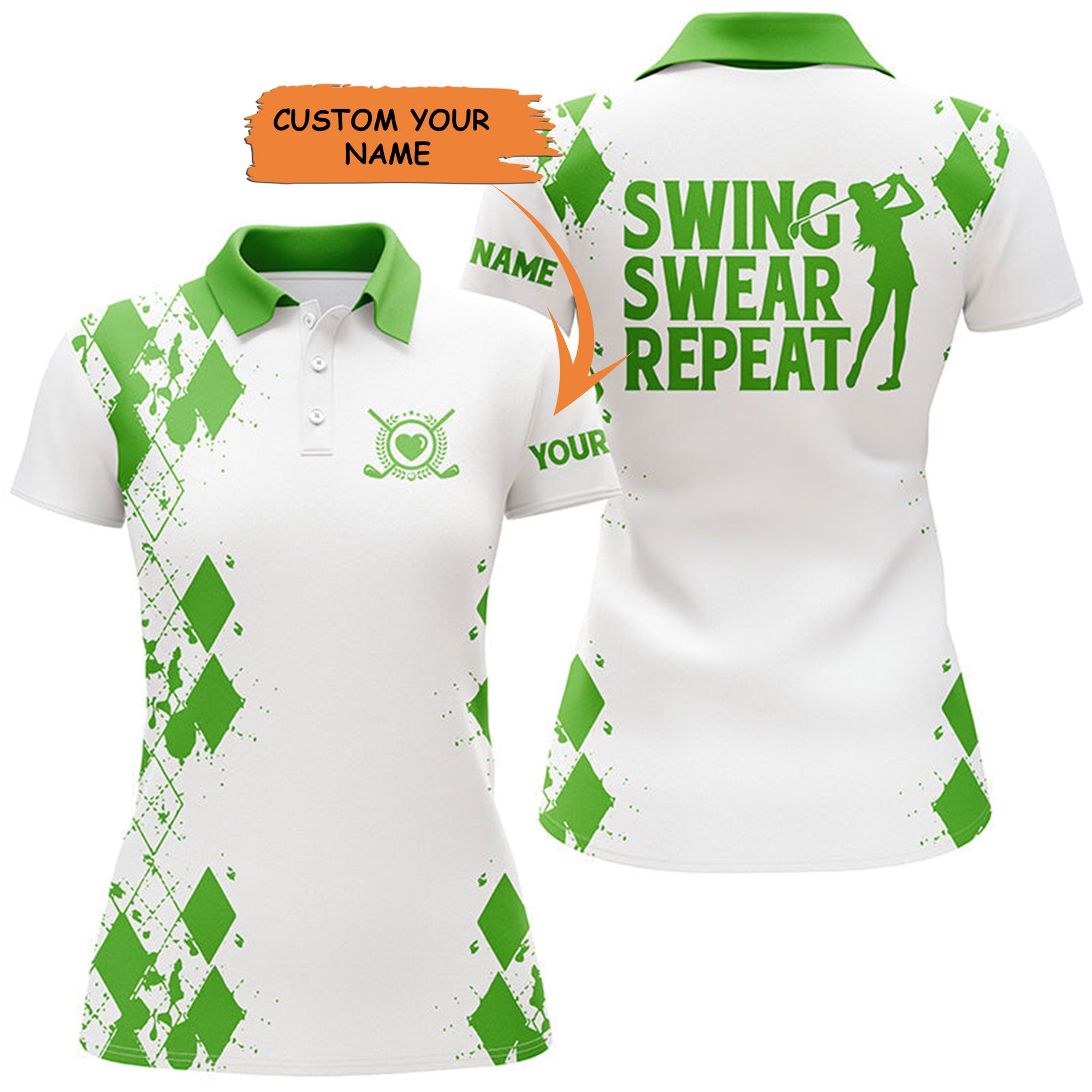 Womens Golf Polos Shirts Custom Name Swing Swear Repeat White Golf Shirt, Golfing Gifts - Green