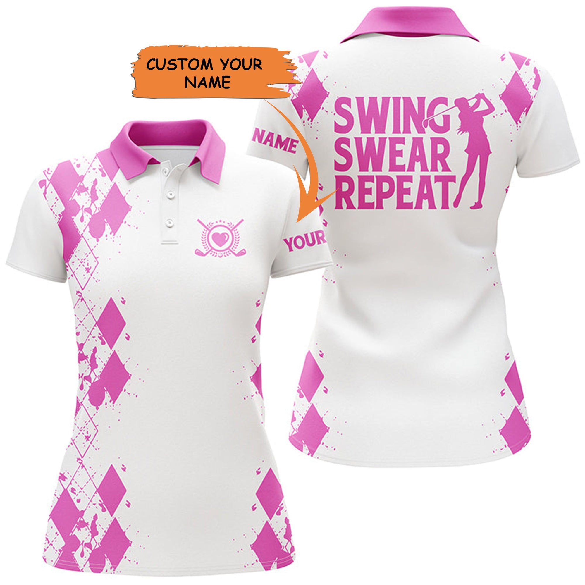 Womens Golf Polos Shirts Custom Name Swing Swear Repeat White Golf Shirt, Golfing Gifts - Pink - Black, Perfect Gift For Women