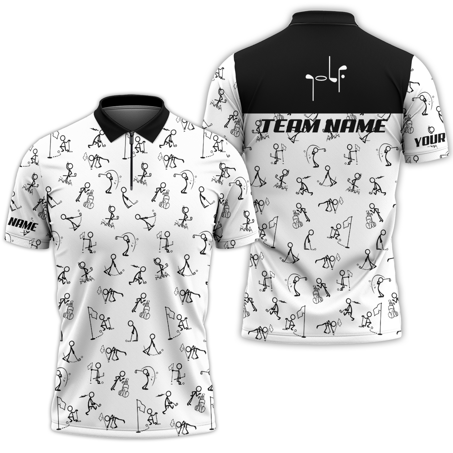 Golf Zip Polo Shirt - Funny Golf Pattern Custom Name White Apparel - Personalized Gift For Golf Lover, Team