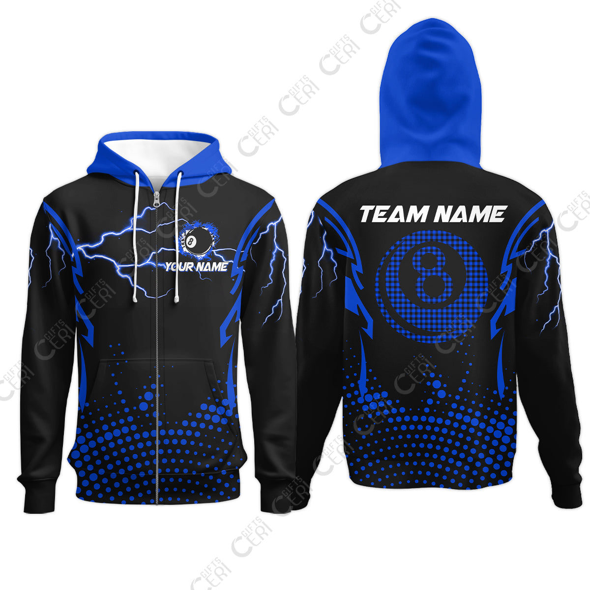 Customized Billiards Zip Hoodies, Lightning Graphics With Dots 8 Ball Pool Jersey