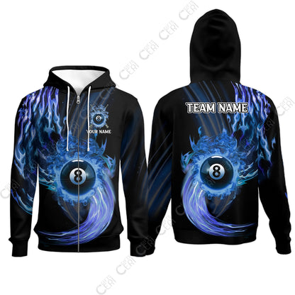 Customized 8 Ball Pool Zip Hoodies, 8-Ball Swirling Fire And Glowing Smoke, Billiards Jerseys