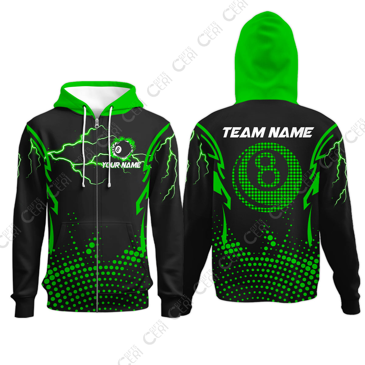 Customized Billiards Zip Hoodies, Lightning Graphics With Dots 8 Ball Pool Jersey