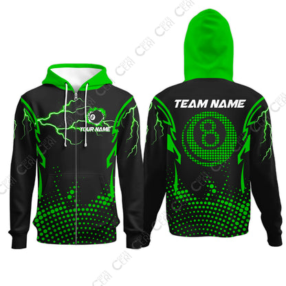 Customized Billiards Zip Hoodies, Lightning Graphics With Dots 8 Ball Pool Jersey