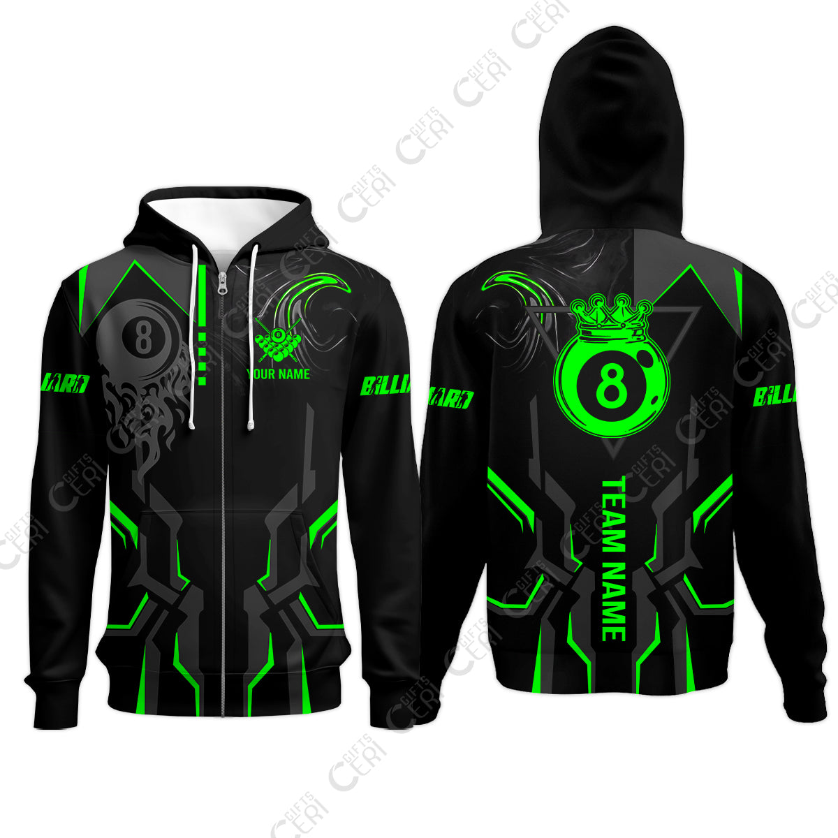 Customized 8 Ball Pool Zip Hoodies, 8-Ball Liquid Effect Smoke, Billiard Jerseys