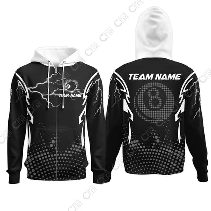 Customized Billiards Zip Hoodies, Lightning Graphics With Dots 8 Ball Pool Jersey