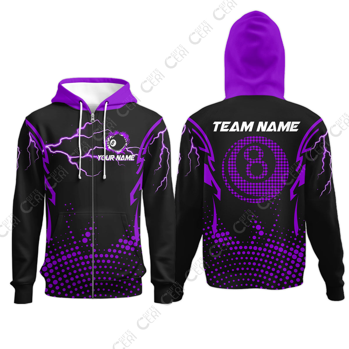 Customized Billiards Zip Hoodies, Lightning Graphics With Dots 8 Ball Pool Jersey