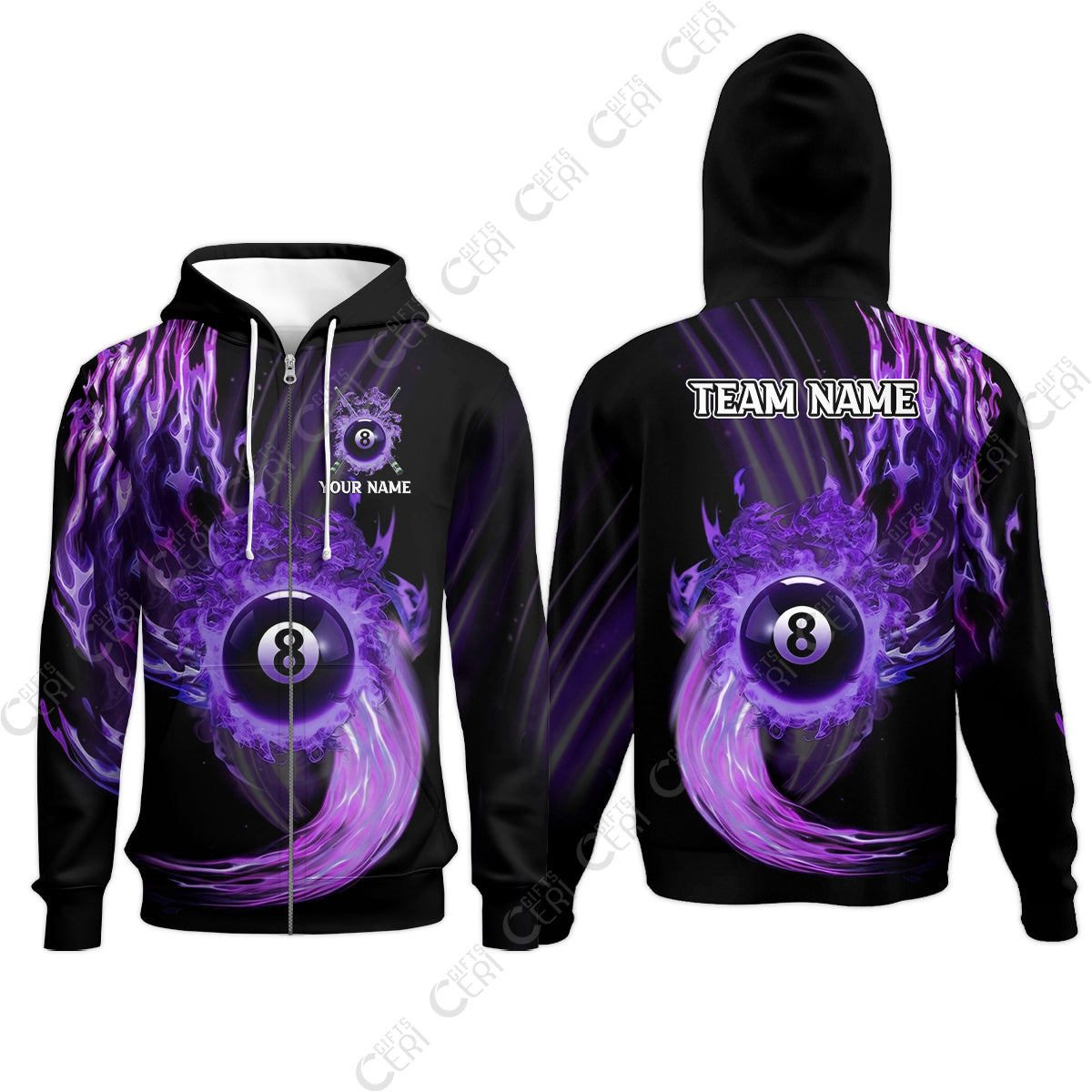 Customized 8 Ball Pool Zip Hoodies, 8-Ball Swirling Fire And Glowing Smoke, Billiards Jerseys
