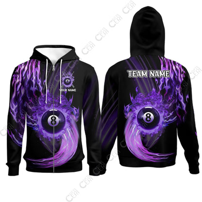 Customized 8 Ball Pool Zip Hoodies, 8-Ball Swirling Fire And Glowing Smoke, Billiards Jerseys